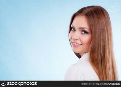 Youth and self-care. Young pretty woman portrait in make up. Face of beauty girl with straight smoothy hair and casual makeup.. Portrait of beauty amazing young woman.