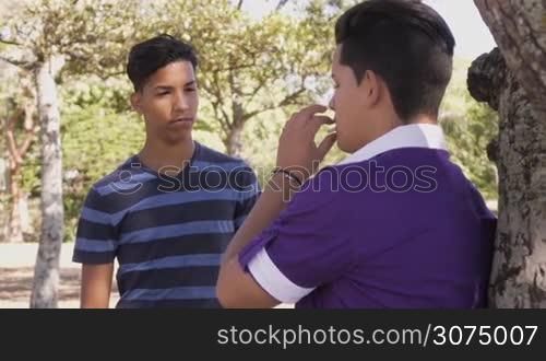 Youth culture, young people, group of male friends, multiracial teenagers in park. Kids smoking cigarette, boys, smokers. Health problems, social issues. Latino boy refusing to smoke. Slow motion