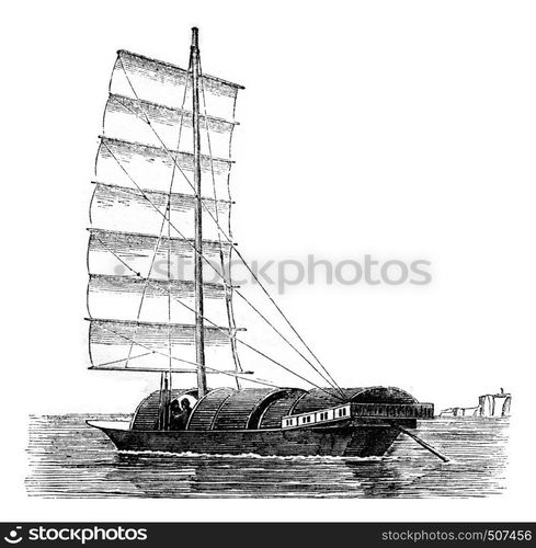 Youyou current broad reach, seen by hip portside, vintage engraved illustration. Magasin Pittoresque 1842.