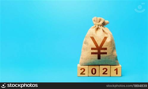 Yuan Yen money bag and blocks 2021. Budget planning for next year. Revenues expenses, investment and financing. Beginning of new decade. Business plans and development prospects, trends and challenges