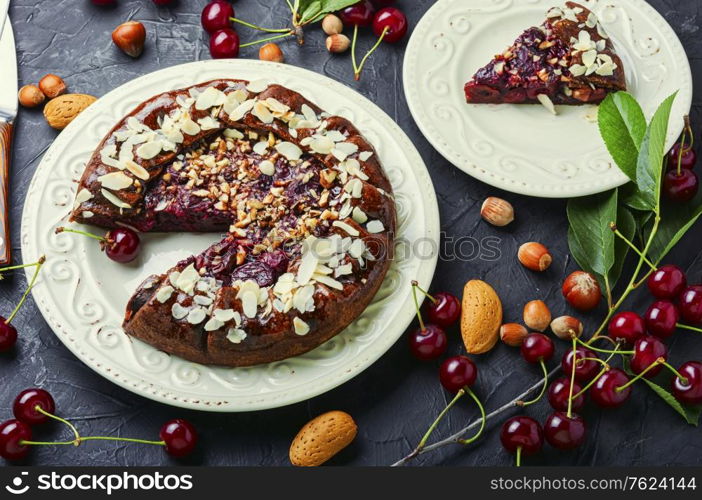 Yummy American homemade cherry pie.Cherry galette.Summer fruit cake. Cherry chocolate cake.