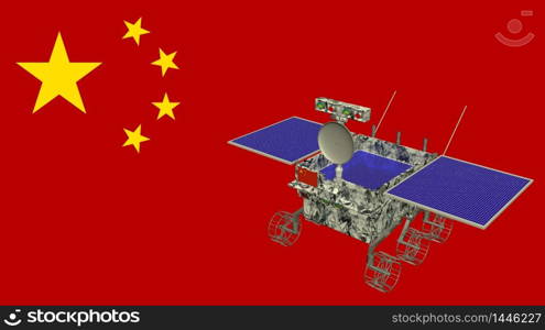 Yutu 2 Lunar rover landed on the surface of the moon on January 3, 2019 with the flag of china in the background. 3D illustration