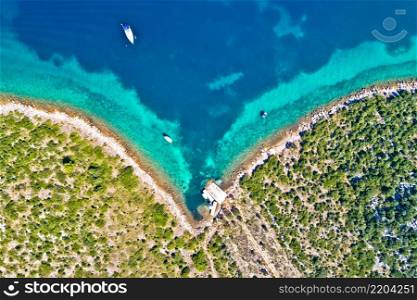 Zadar archipelago Galesnjak island coastline sailing bay aerial view, Dalmatia region of Croatia