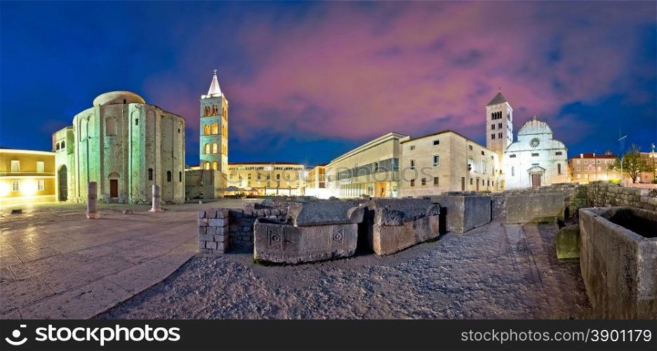 Zadar Forum square evening panorama with historic Roman artefacts, Dalmatia, Croatia