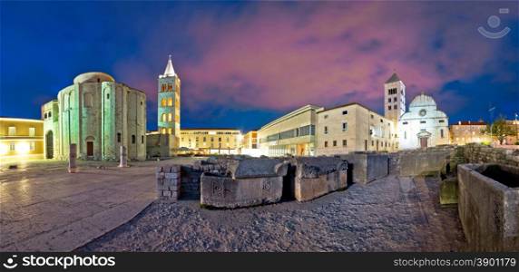 Zadar Forum square evening panorama with historic Roman artefacts, Dalmatia, Croatia