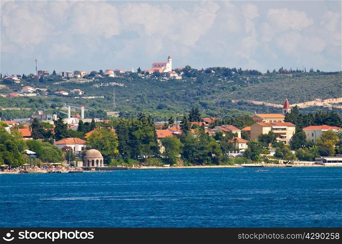 Zadar Kolovare beach and coast view from sea, Dalmatia, Croatia