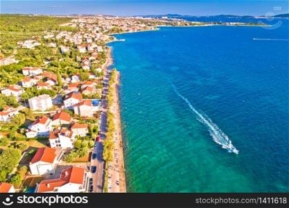 Zadar. Village of Diklo beach and coastline in Zadar archipelago aerial view, Dalmatia region of Croatia