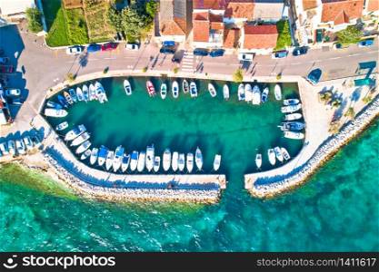 Zadar. Village of Diklo in Zadar archipelago aerial view of harbor and turquoise sea, Dalmatia region of Croatia