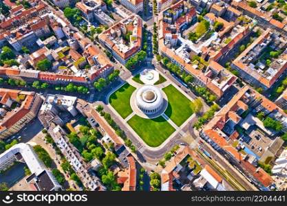 Zagreb aerial. The Mestrovic Pavilion on the Square of the Victims of Fascism in central Zagreb aerial view. Capital of Croatia.