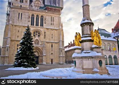 Zagreb cathedral and Kaptol square snow view, capital of Croatia