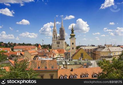Zagreb cathedral and St Catherine church, panoramic view from Upper town
