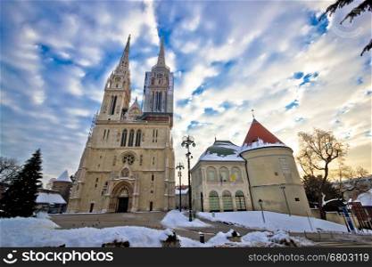 Zagreb cathedral winter daytime view, capital of Croatia