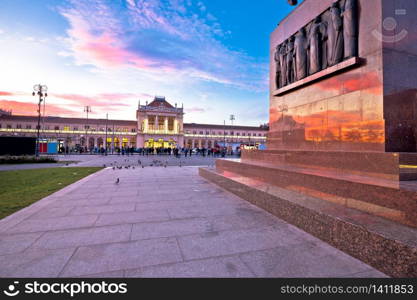 Zagreb central station and King Tomislav square sunset view, capital of Croatia