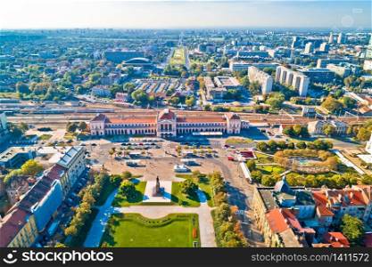 Zagreb central train station and cityscape aerial view, famous landmarks of capital of Croatia