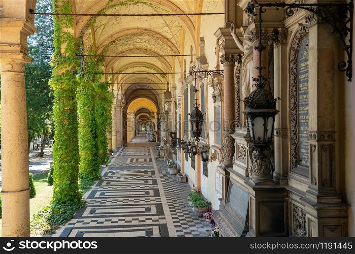 Zagreb, Croatia - July 18, 2017: The Mirogoj cemetery in Zagreb, Croatia, is a cemetery park considered to be among the most noteworthy landmarks and tourism destination of Zagreb.