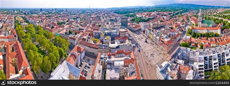Zagreb historic city center, central square and cathedral aerial view, famous landmarks of capital of Croatia