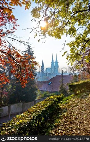 Zagreb skyline in autumn colors, capital of Croatia vertical view