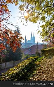 Zagreb skyline in autumn colors, capital of Croatia vertical view
