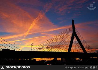 Zakim Bunker Hill Memorial Bridge at sunset in Boston, Massachusetts