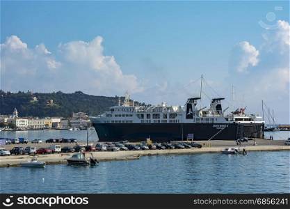Zakynthos Island, Greece - 06/09/2016: Marine cargo ferry in the port of Zakynthos Sea ferry arrive at the port