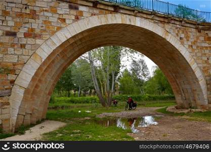 Zamora bridge and bike pilgrim by the Via de la Plata in Spain