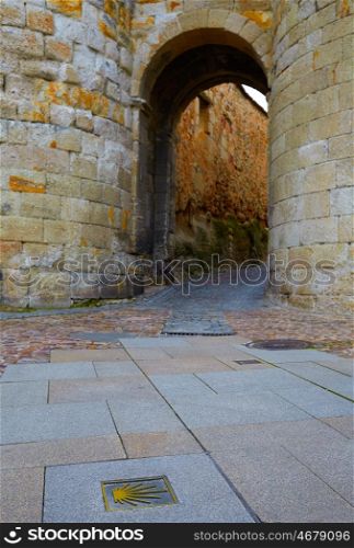 Zamora door of Dona Urraca in Spain with Saint James way sign on floor