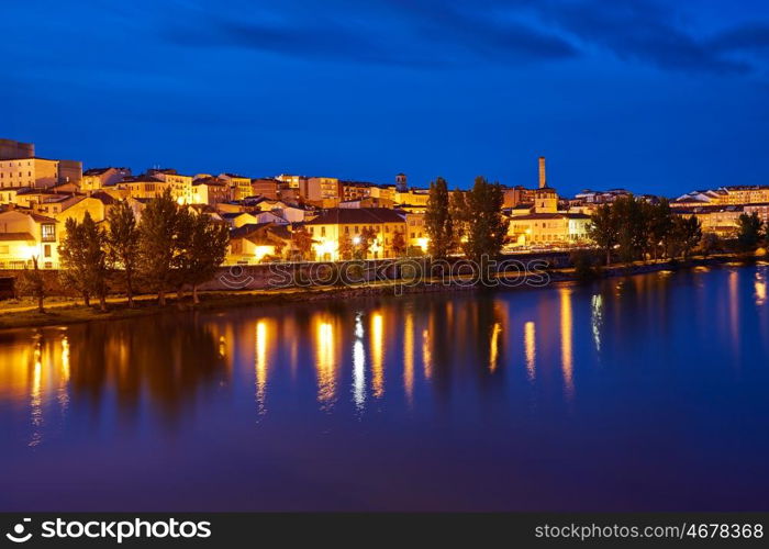 Zamora skyline at sunset by Duero river of Spain