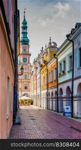 Zamosc, Poland - 13 September, 2021  Ormianska Street and the Town Hall in the Old Town of historic Zamosc