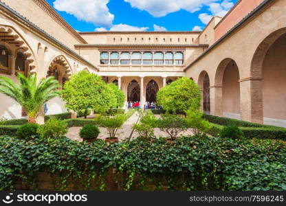 ZARAGOZA, SPAIN - OCTOBER 01, 2017: Aljaferia Palace or Palacio de la Aljaferia is a fortified medieval Islamic palace in the Zaragoza city in Aragon region, Spain