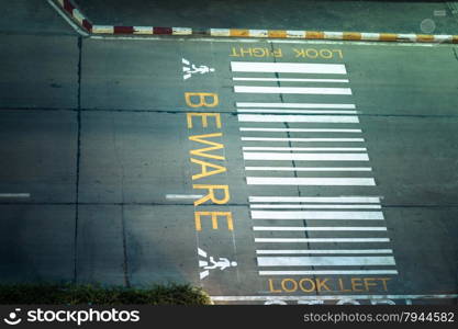 zebra crossing, on urban asphalt road for passenger or people and transportation at night time, top view