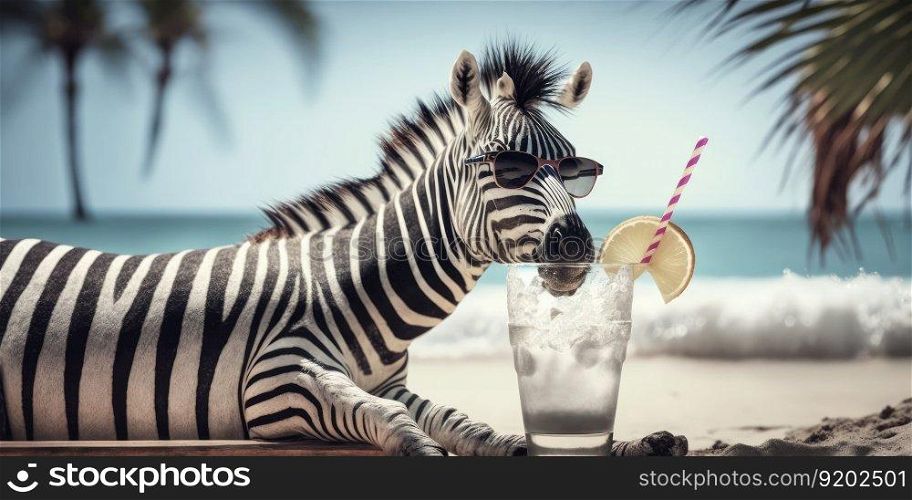 zebra is on summer vacation at seaside resort and relaxing on summer beach