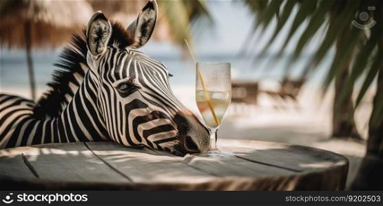zebra is on summer vacation at seaside resort and relaxing on summer beach