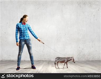 Zebra on lead. Young woman in casual holding zebra on lead