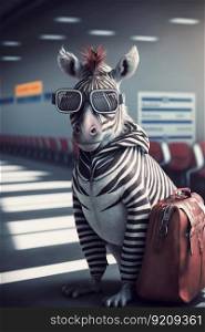 Zebra with Sunglasses, Backpack and Boarding Pass in the Airport. Generative ai. High quality illustration. Zebra with Sunglasses, Backpack and Boarding Pass in the Airport. Generative ai