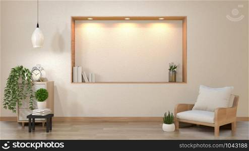 zen living room empty white wall background with decoration japan style design down lights on shelf wall. 3d rendering