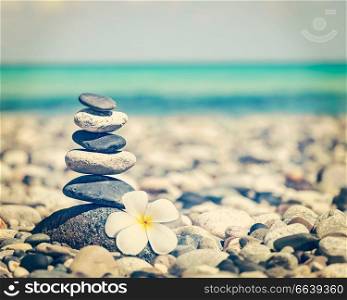 Zen meditation spa relaxation background - vintage retro effect filtered hipster style image of balanced stones stack with frangipani plumeria flower close up on sea beach. Zen balanced stones stack with plumeria flower