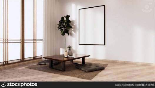Zen room interior wooden wall on tatami mat floor, low table and armchair.3D rendering