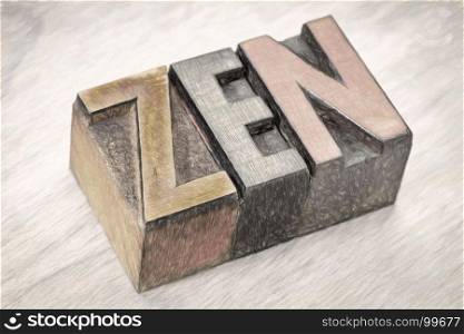 zen - word abstract in vintage wooden letterpress printing blocks, digital painting filter applied to a photograph
