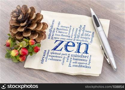 zen word cloud - handwriting on a napkin with a pine cone