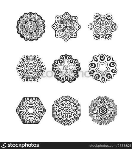 Zentangle art for coloring book. Ethnic fractal mandalas. Oriental black and white mandala