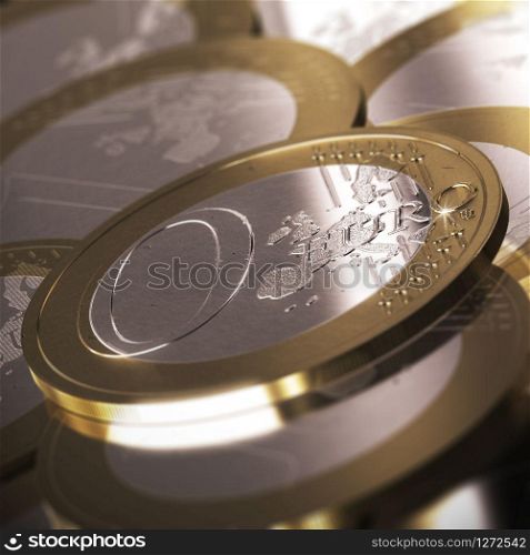 Zero Euro Coin over many other coins. Symbol of free credit, or something that cost nothing. Realistic 3D image with details, scratches, knocks.. Zero Euro Coin