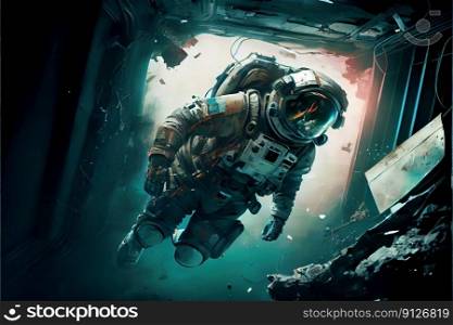 Zero G emergency space evacuation concept, astronaut floating and escaping in futuristic interior of scifi space station or destroyed spaceship. Space rescue team concept. Superb Generative AI. Zero G emergency space evacuation with astronaut concept Superb.