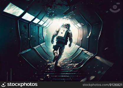 Zero G emergency space evacuation concept, astronaut floating and escaping in futuristic interior of scifi space station or destroyed spaceship. Space rescue team concept. Superb Generative AI. Zero G emergency space evacuation with astronaut concept Superb.