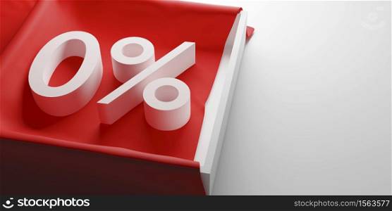Zero percent or 0% on red cloth in the white box 3D render