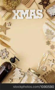 Zero waste Christmas concept, , eco friendly decorations, flat lay, top view on paper background. Holiday template