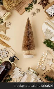 Zero waste Christmas concept, , eco friendly decorations, flat lay, top view on paper background