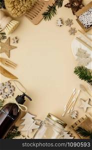 Zero waste Christmas concept, , eco friendly decorations, flat lay, top view on paper background