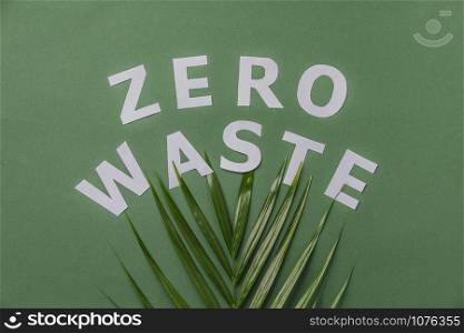 Zero waste concept. Green palm leaf and handmade paper letters on green background, flat lay, copyspace. Plastic free. Sustainable lifestyle concept.