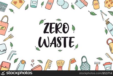 Zero Waste horizontal banner with hand drawn icons. For online stores, shops, advertising, leaflets. Zero Waste horizontal banner with hand drawn icons