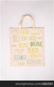 Zero waste, Recycling, Sustainable lifestyle concept. Eco-friendly cotton bag, flat lay. Zero waste concept. Eco-friendly cotton bag, flat lay